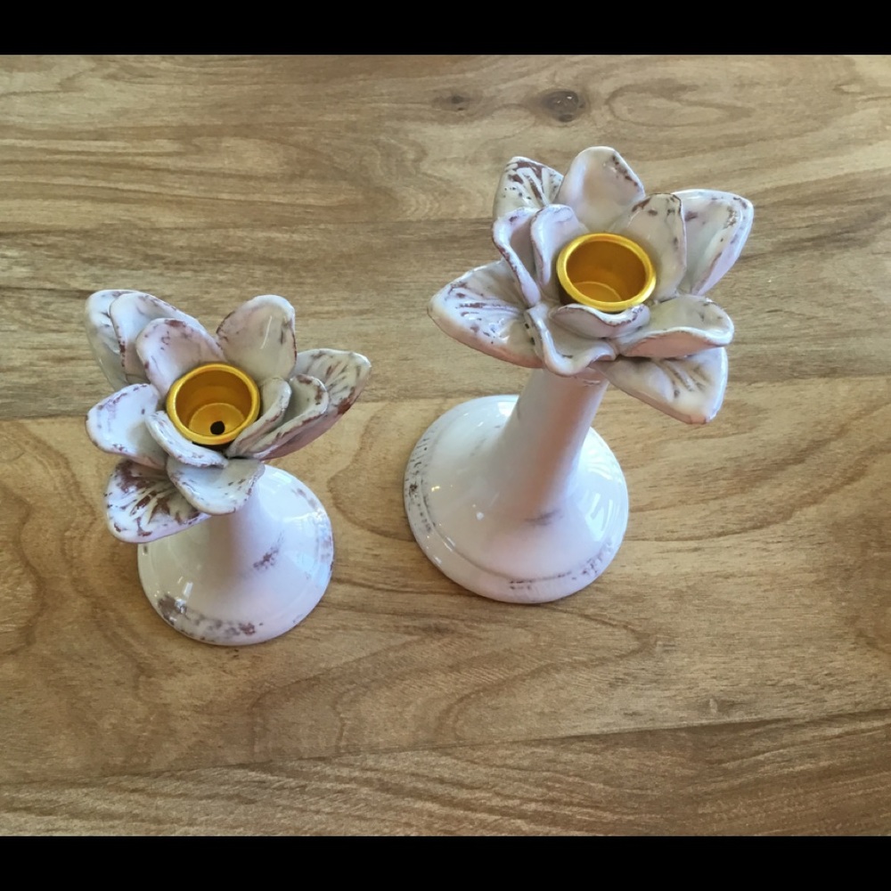 2 Maxcera Ceramic Flower Taper Candle Holders New